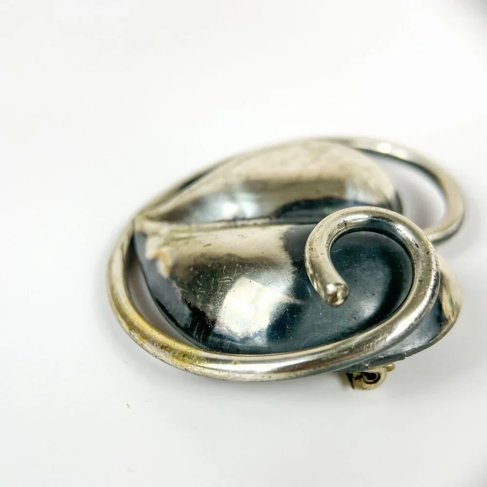 Vintage Silver tone Abstract Heart Leaf Brooch Pin Swirl Modernist